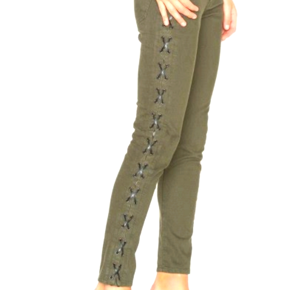 Olive Skinny Jeans with Lace-Up Detail